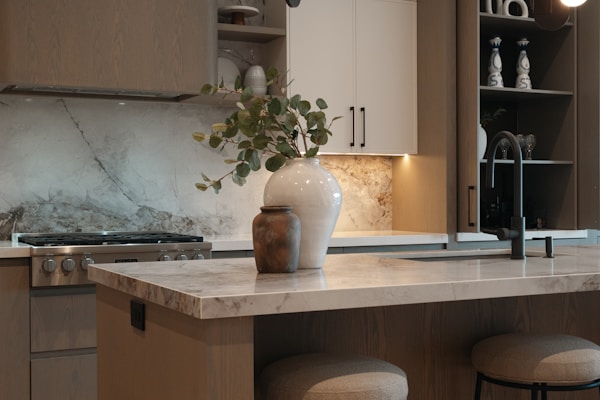 Modern kitchen with marble and granite countertops